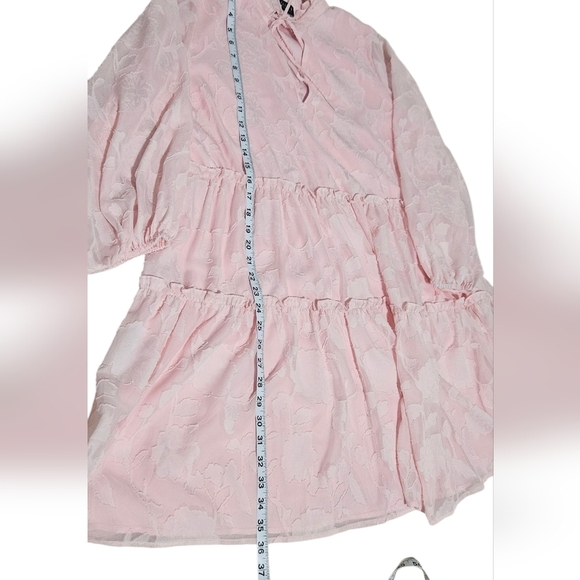 Eloquii Mini Pink Chiffon Tiered Ruffle Dress with Bow Neck Long Sleeve Boho - Picture 11 of 12